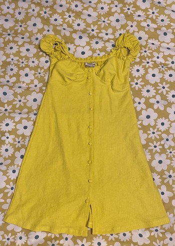 Sarı Düğmeli Mini Keten Elbise