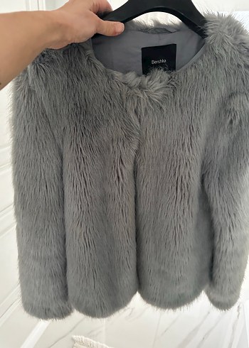 Bershka Gri Kadın Midi Suni Kürk Ceket - Görsel 2