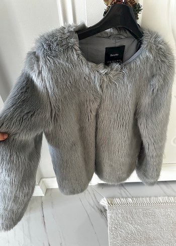 Bershka Gri Kadın Midi Suni Kürk Ceket - Görsel 3