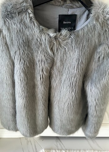 Bershka Gri Kadın Midi Suni Kürk Ceket - Görsel 5