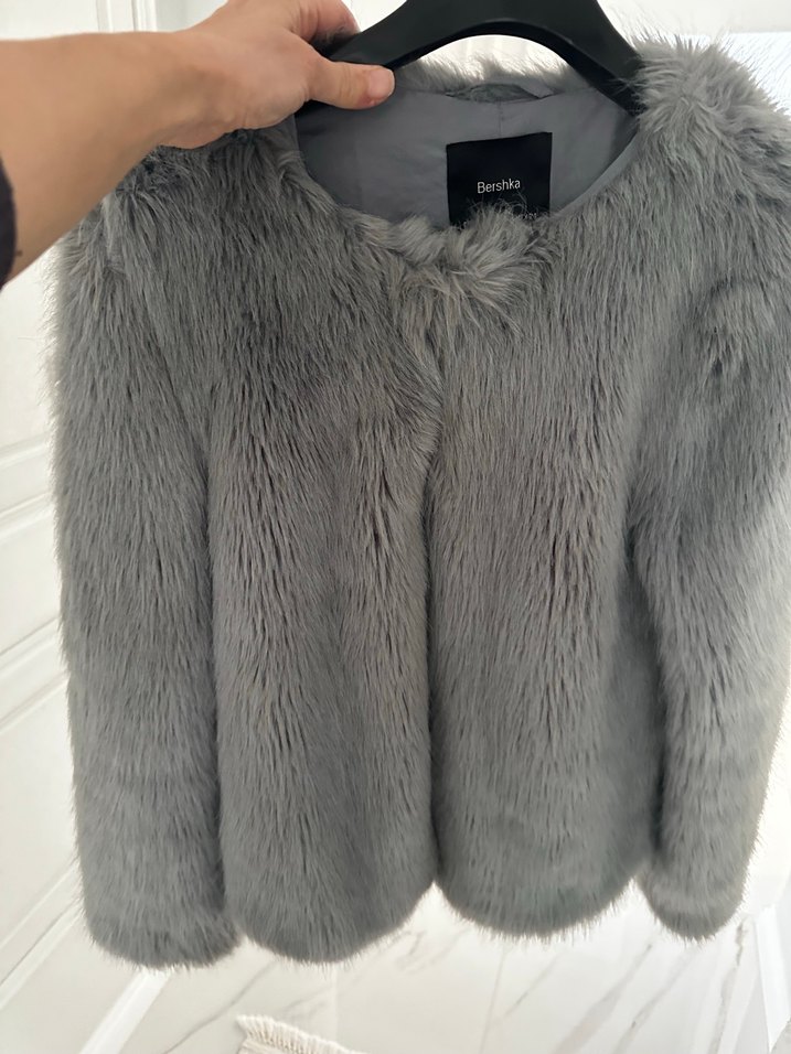 Bershka Gri Kadın Midi Suni Kürk Ceket - Görsel 2