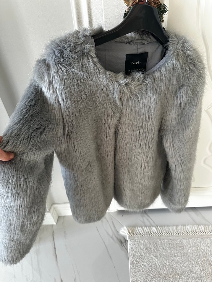 Bershka Gri Kadın Midi Suni Kürk Ceket - Görsel 3