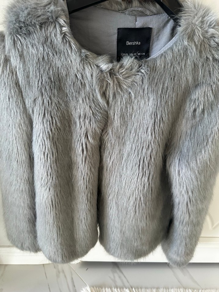 Bershka Gri Kadın Midi Suni Kürk Ceket - Görsel 5