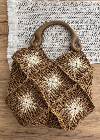 Bej Örgü Kadın El Çantası Ahşap Saplı - Görsel 3