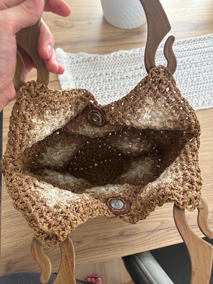 Bej Örgü Kadın El Çantası Ahşap Saplı - Görsel 5