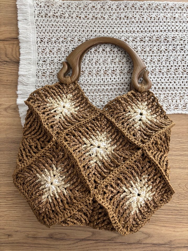 Bej Örgü Kadın El Çantası Ahşap Saplı - Görsel 3