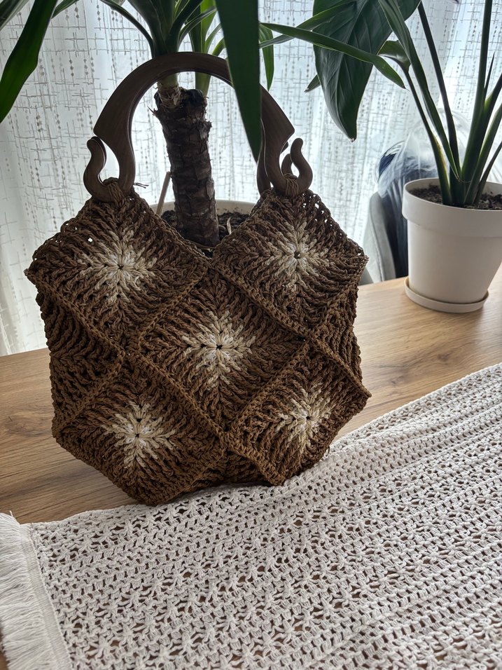 Bej Örgü Kadın El Çantası Ahşap Saplı - Görsel 4