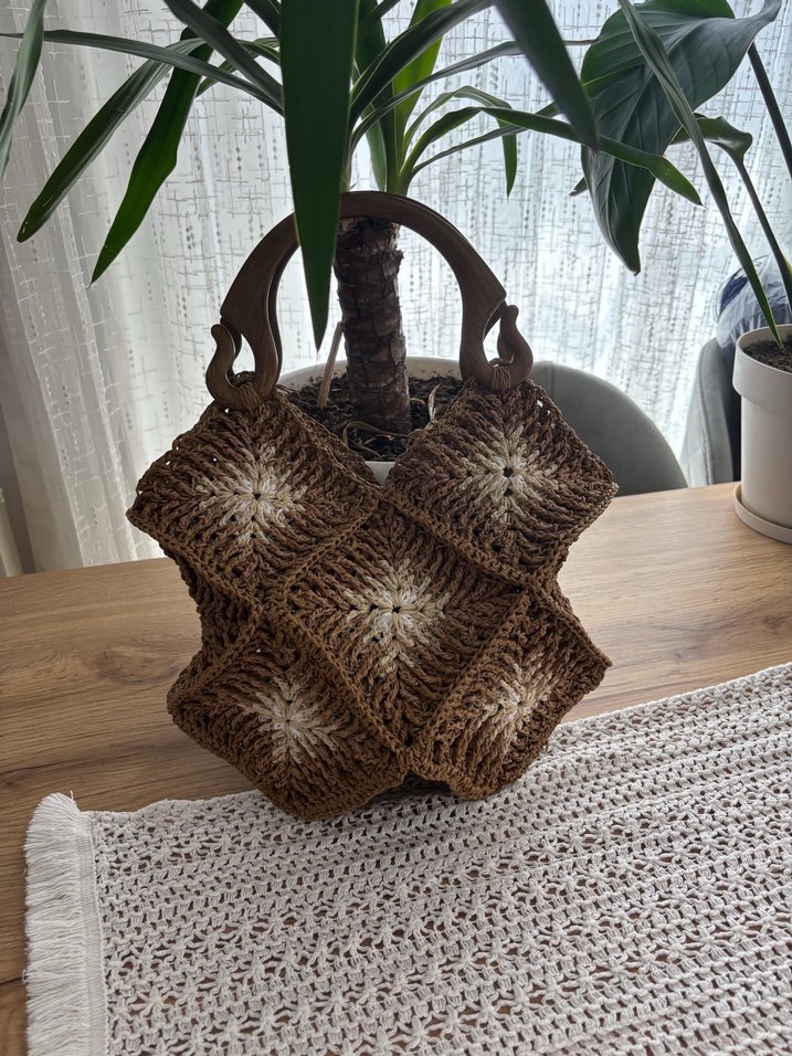 Bej Örgü Kadın El Çantası Ahşap Saplı - Görsel 2