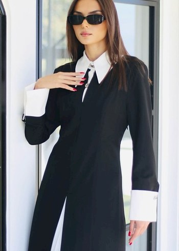 Siyah Beyaz Uzun Kollu Kemerli Elbise - Görsel 3