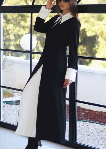 Siyah Beyaz Uzun Kollu Kemerli Elbise - Görsel 2