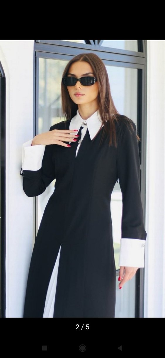 Siyah Beyaz Uzun Kollu Kemerli Elbise - Görsel 3