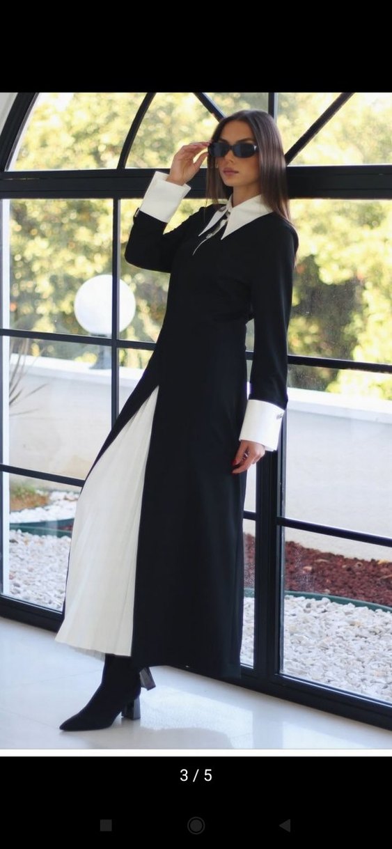 Siyah Beyaz Uzun Kollu Kemerli Elbise - Görsel 2