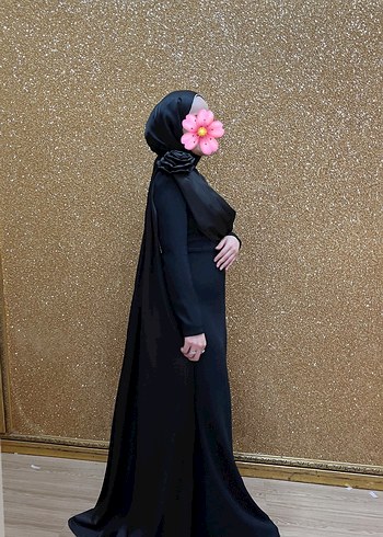 Siyah Uzun Kollu Yüksek Yakalı Abiye Elbise - Görsel 2