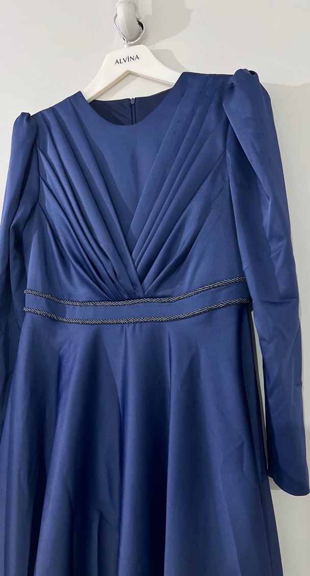 Lacivert Drapeli Uzun Kadın Abiye Elbise - Görsel 2