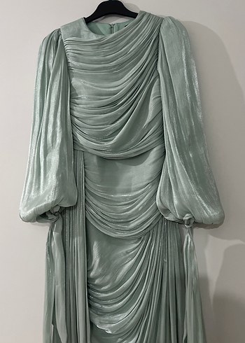 Turkuaz Uzun Kollu Drapeli Abiye Elbise - Görsel 3