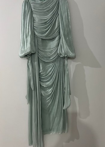 Turkuaz Uzun Kollu Drapeli Abiye Elbise - Görsel 2