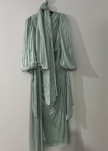 Turkuaz Uzun Kollu Drapeli Abiye Elbise - Görsel 6