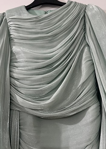 Turkuaz Uzun Kollu Drapeli Abiye Elbise - Görsel 5