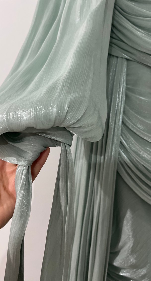 Turkuaz Uzun Kollu Drapeli Abiye Elbise - Görsel 4