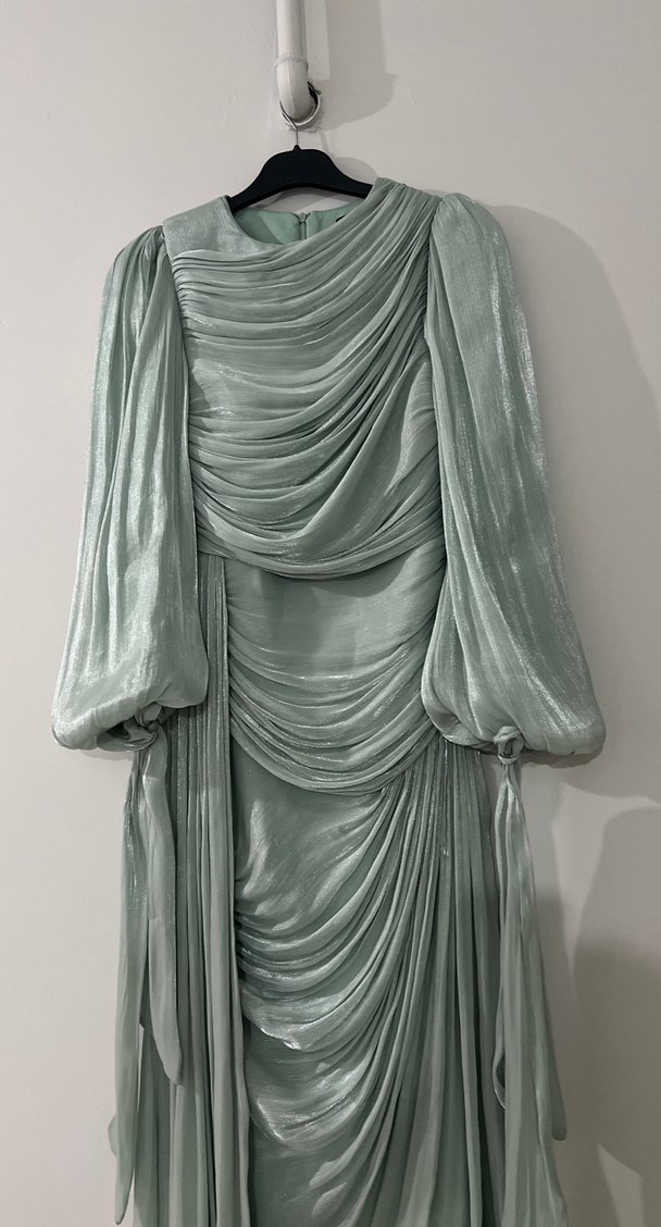 Turkuaz Uzun Kollu Drapeli Abiye Elbise - Görsel 3