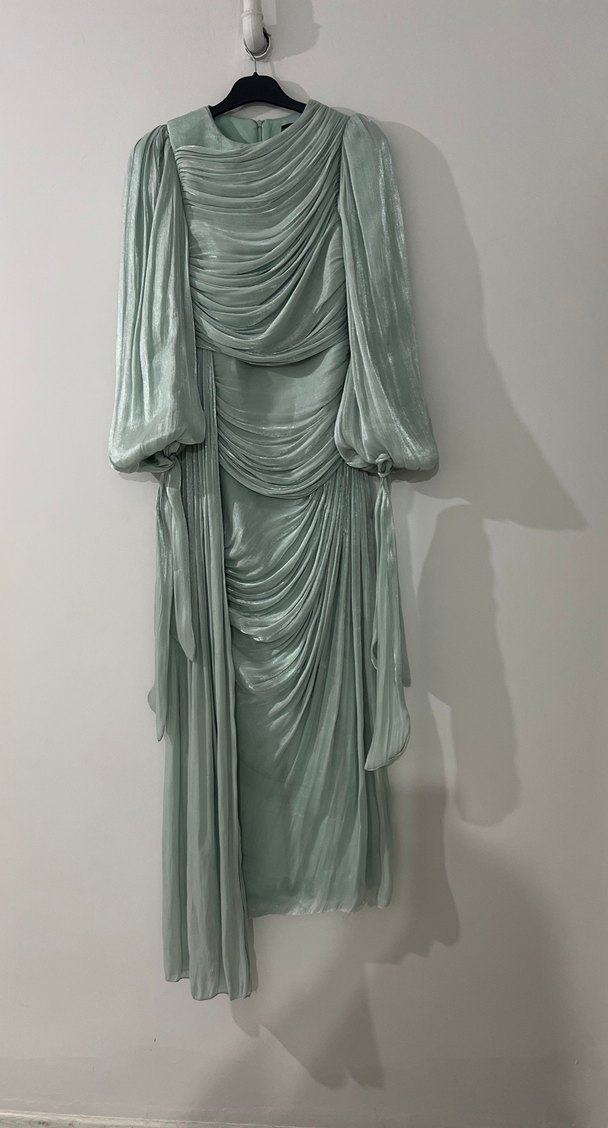 Turkuaz Uzun Kollu Drapeli Abiye Elbise - Görsel 2