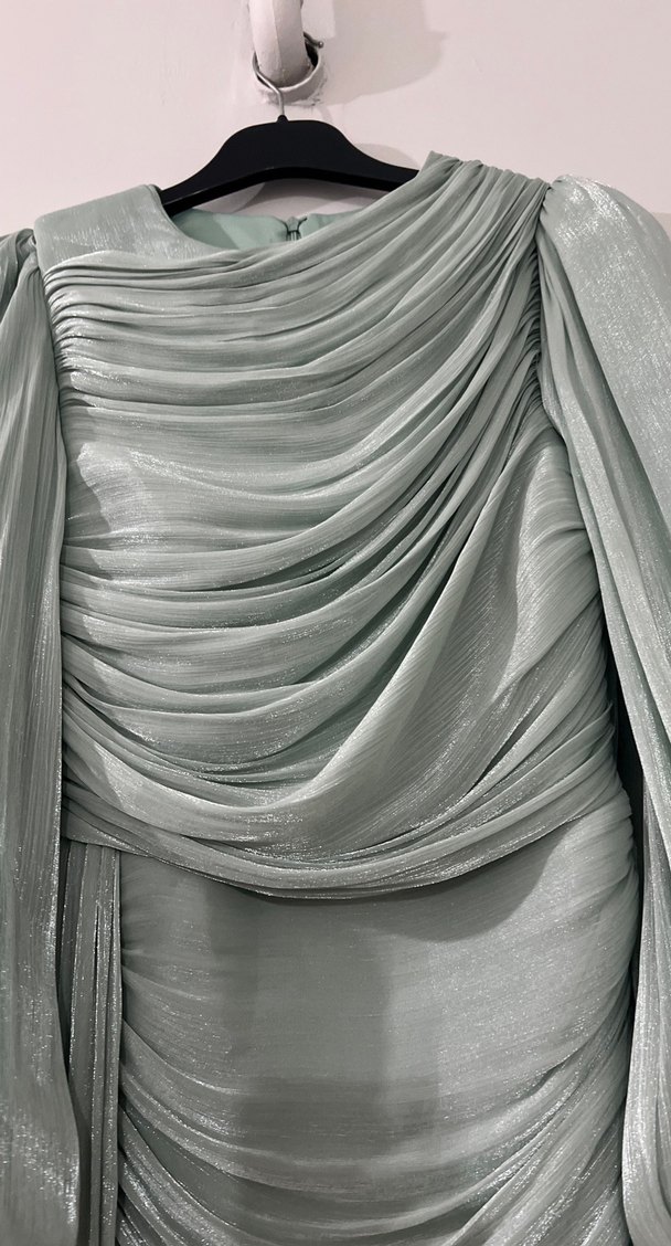 Turkuaz Uzun Kollu Drapeli Abiye Elbise - Görsel 5