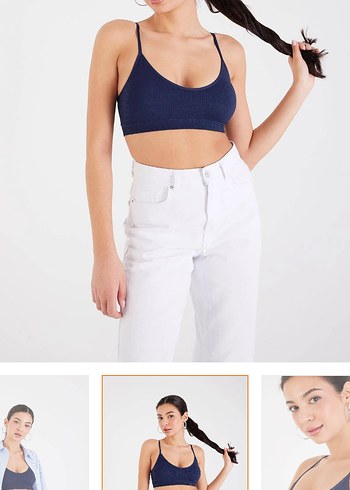 Kadın Lacivert V Yaka İnce Askılı Crop Top