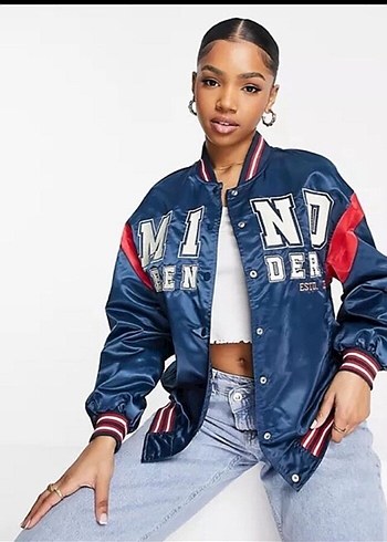 Bershka Kadın Mavi Baskılı Denim Bomber Ceket