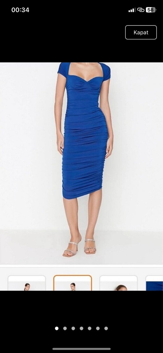 Parlak Mavi V Yaka Drapeli Mini Elbise - Görsel 4