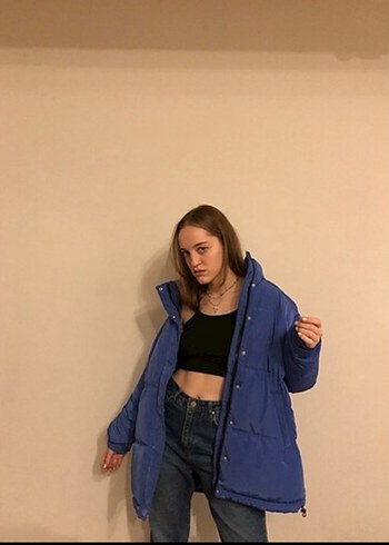 Düğmeli Mavi Kadın Kışlık Mont - Görsel 2