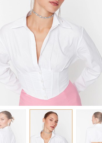 Beyaz V Yaka Strappy Midi Kadın Gömlek - Görsel 2