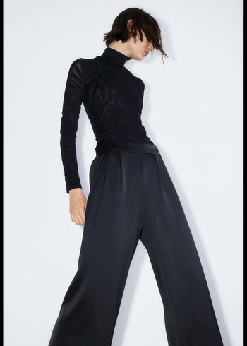 Kadın Siyah Pilili Uzun Kumaş Pantolon saten - Görsel 2