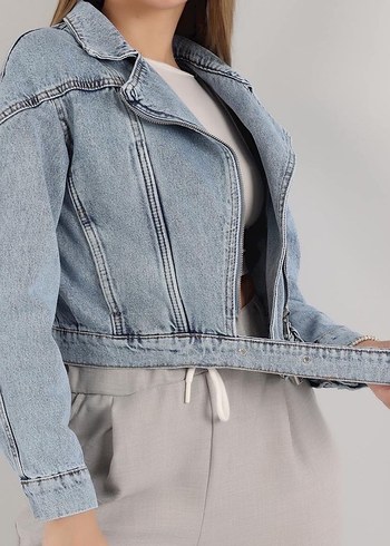 Kadın Kemerli Kısa Denim Kot Ceket - Görsel 3