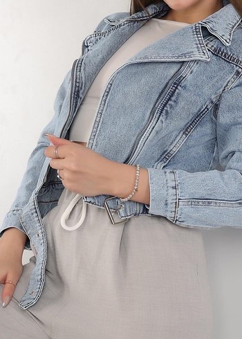Kadın Kemerli Kısa Denim Kot Ceket - Görsel 2