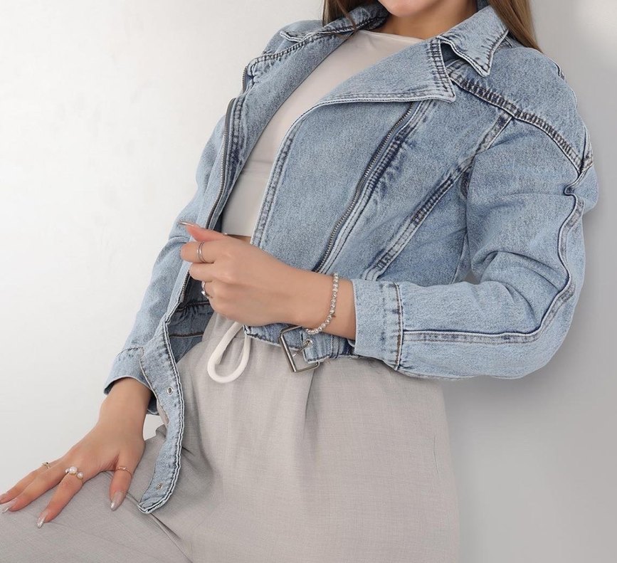 Kadın Kemerli Kısa Denim Kot Ceket - Görsel 2