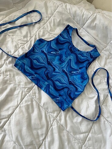 Batık desen ipli halter yaka crop - Görsel 5