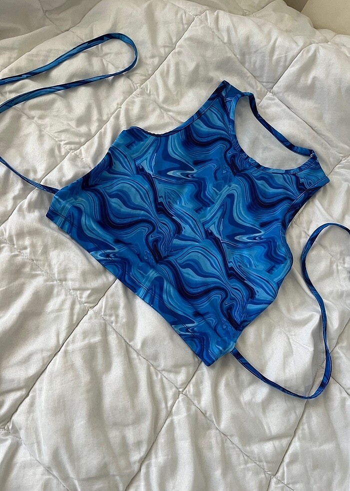 Batık desen ipli halter yaka crop - Görsel 5