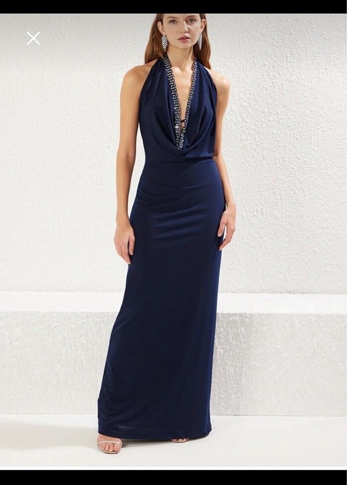 lacivert gece mavisi uzun taşlı abiye - Görsel 4