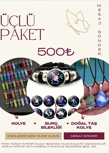 Üçlü Paket: Kolye, Burç Bilekliği ve Doğal Taş Kolye