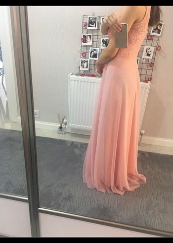 Dantel Detaylı Pembe Uzun Abiye Elbise - Görsel 2