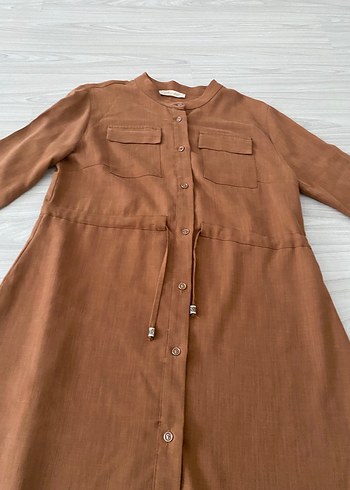 xxl Beden Düğmeli Kahverengi Keten Uzun Kollu Tunik