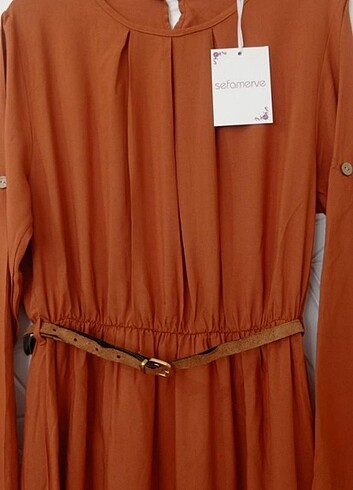44 Beden camel Renk Kemerli elbise 