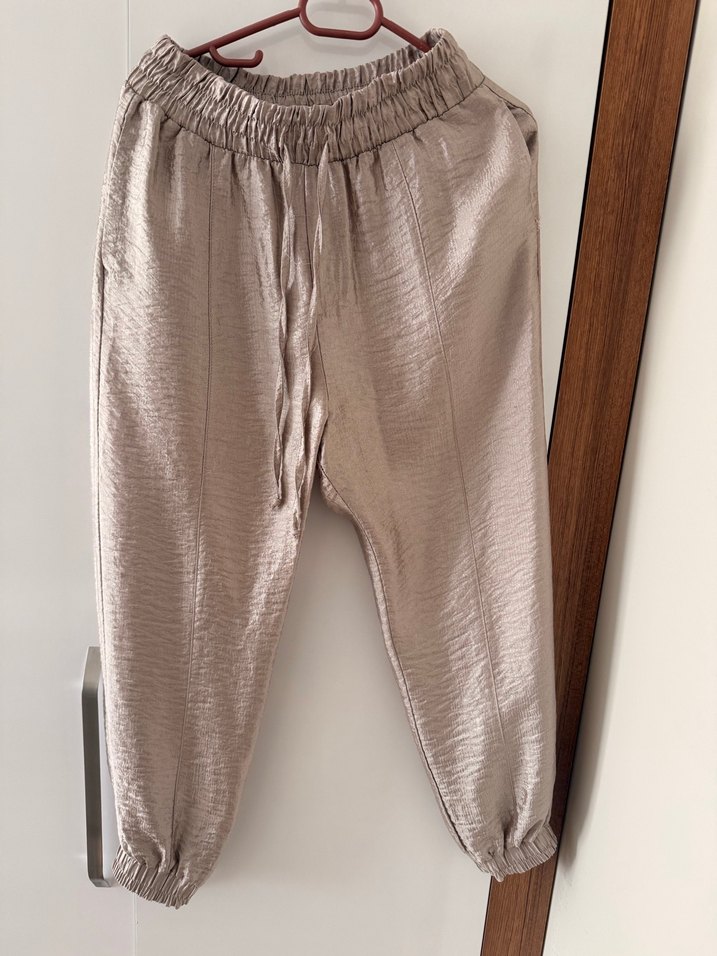 Bej Kadın Keten Pilili Rahat Pantolon - Görsel 2