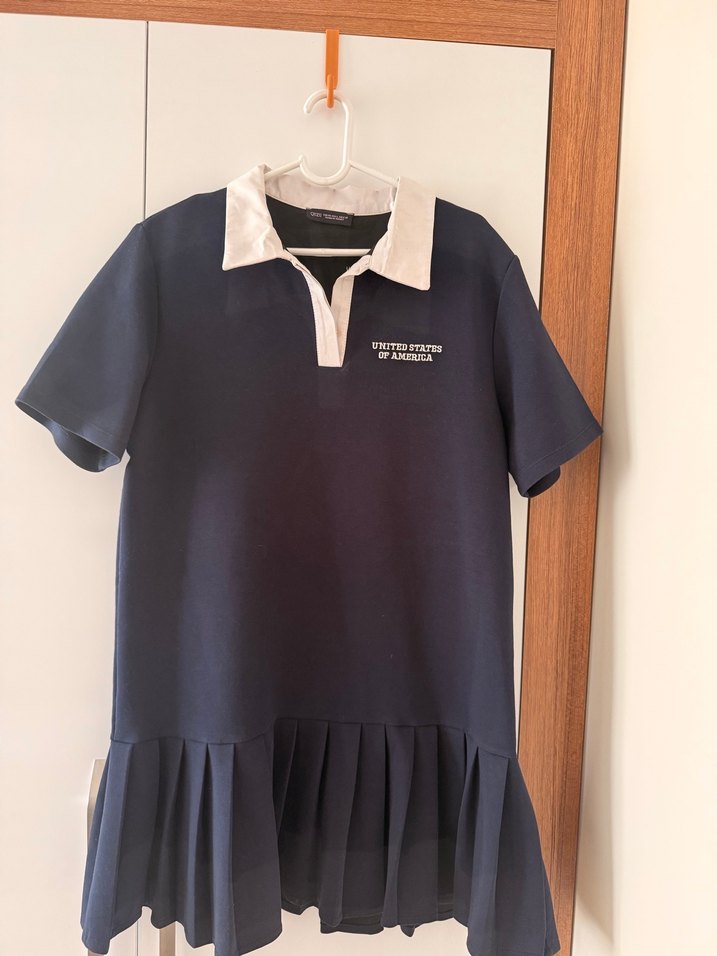 Lacivert Polo Yaka Pliseli Midi Elbise - Görsel 2