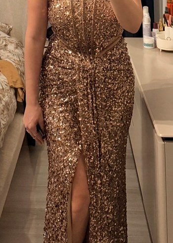 Kahverengi Payetli Uzun Abiye Elbise - Görsel 3