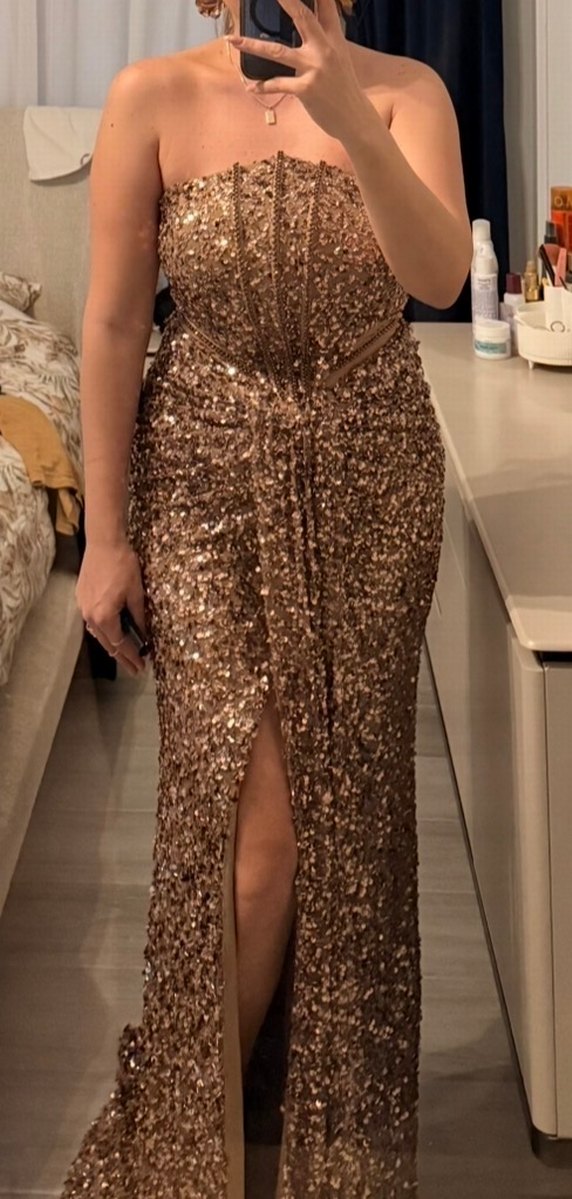 Kahverengi Payetli Uzun Abiye Elbise - Görsel 3