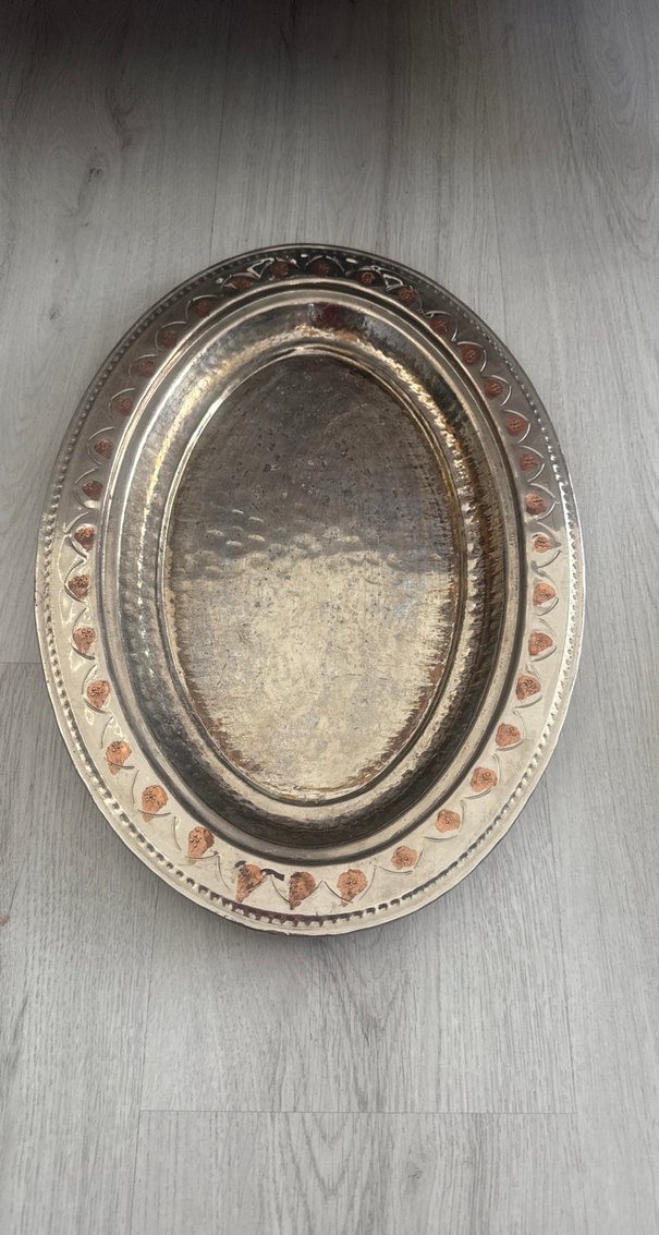 İşlemeli Bej Parlak Oval Tepsi - Görsel 2