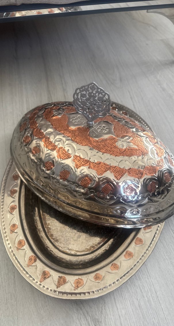 İşlemeli Bej Parlak Oval Tepsi - Görsel 4