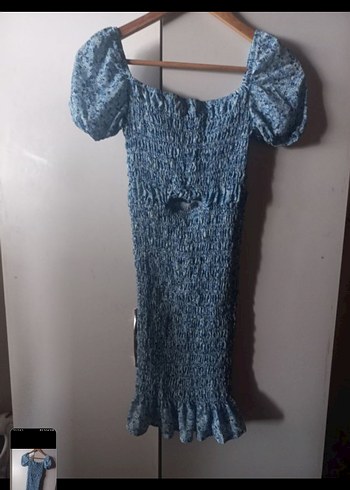 Diğer Mini Mavi Bağlama Desenli Bohem Elbise