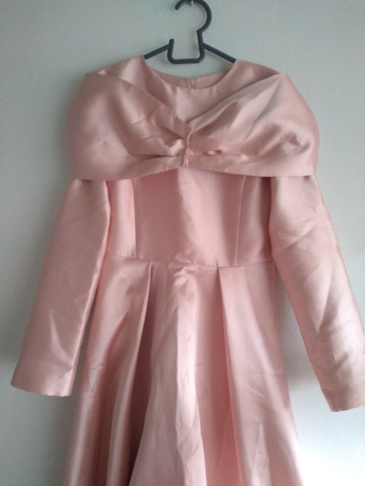 Pembe Vintage Uzun Kollu Drapeli Kadın Elbise - Görsel 2